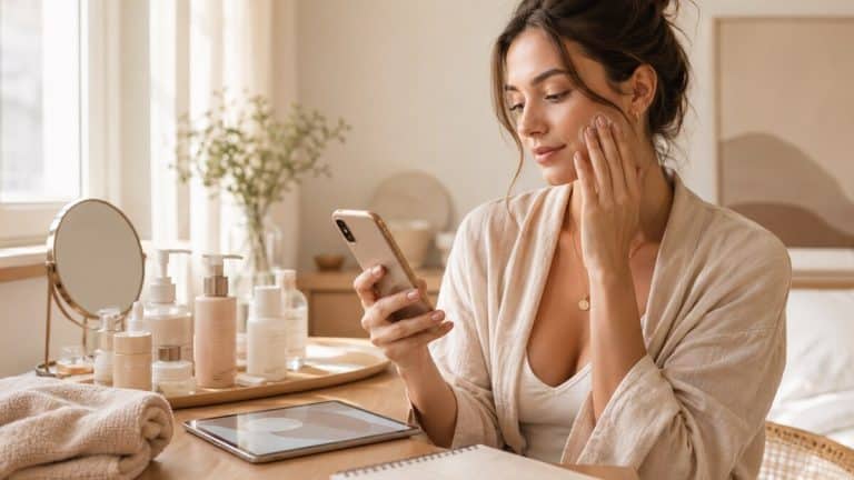 AI Driven Skincare shown through a calm beauty technology scene with skincare bottles a phone notebook soft light and neutral styling