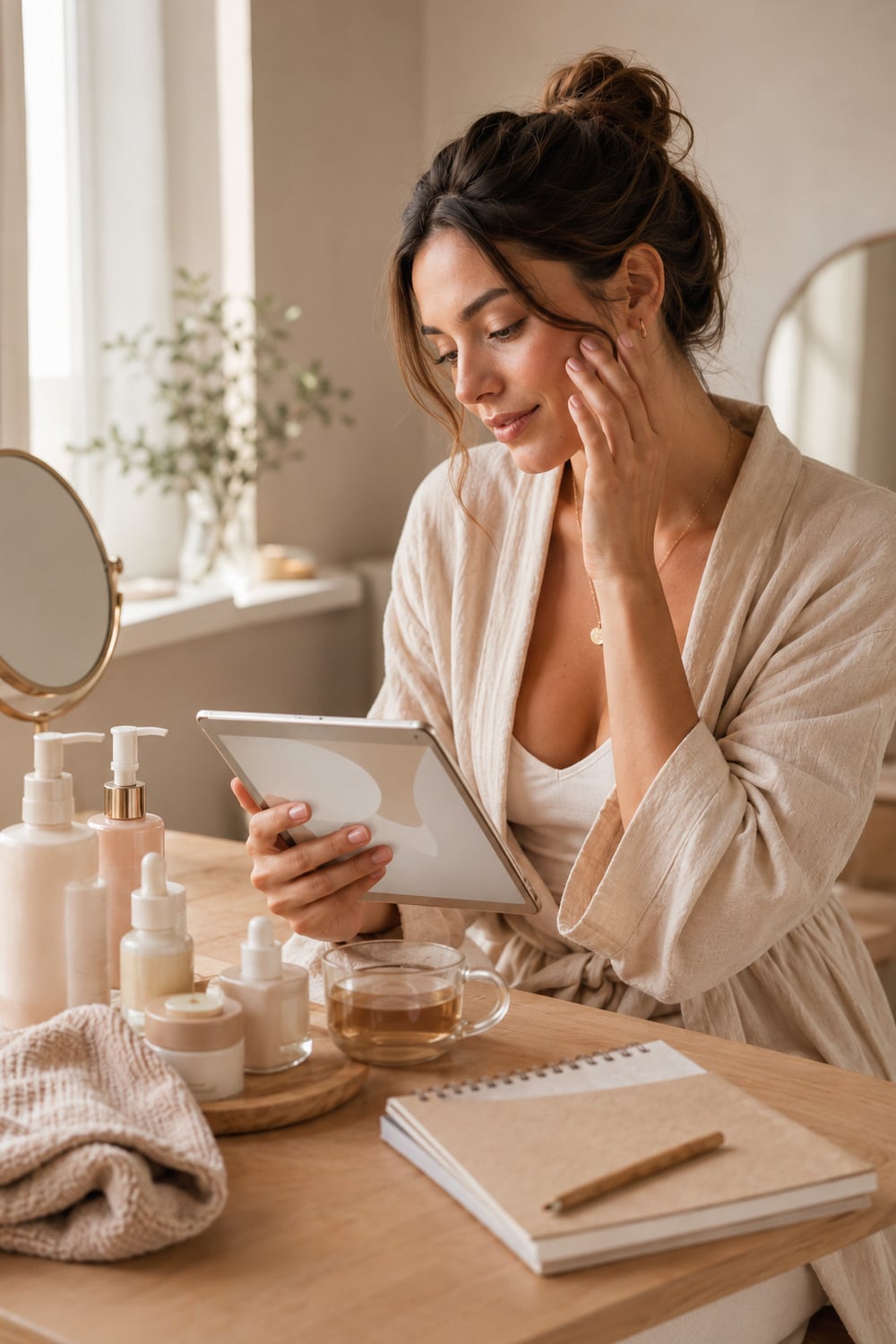 AI Driven Skincare shown through a calm beauty technology scene with skincare bottles a phone notebook soft light and neutral editorial styling