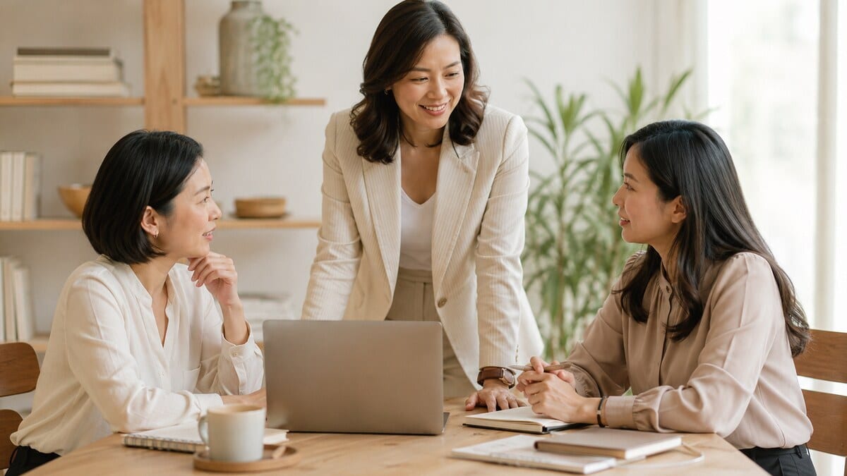 Asian Women Business Leadership shown through a calm editorial workspace with a laptop notebook tea natural light and professional neutral styling
