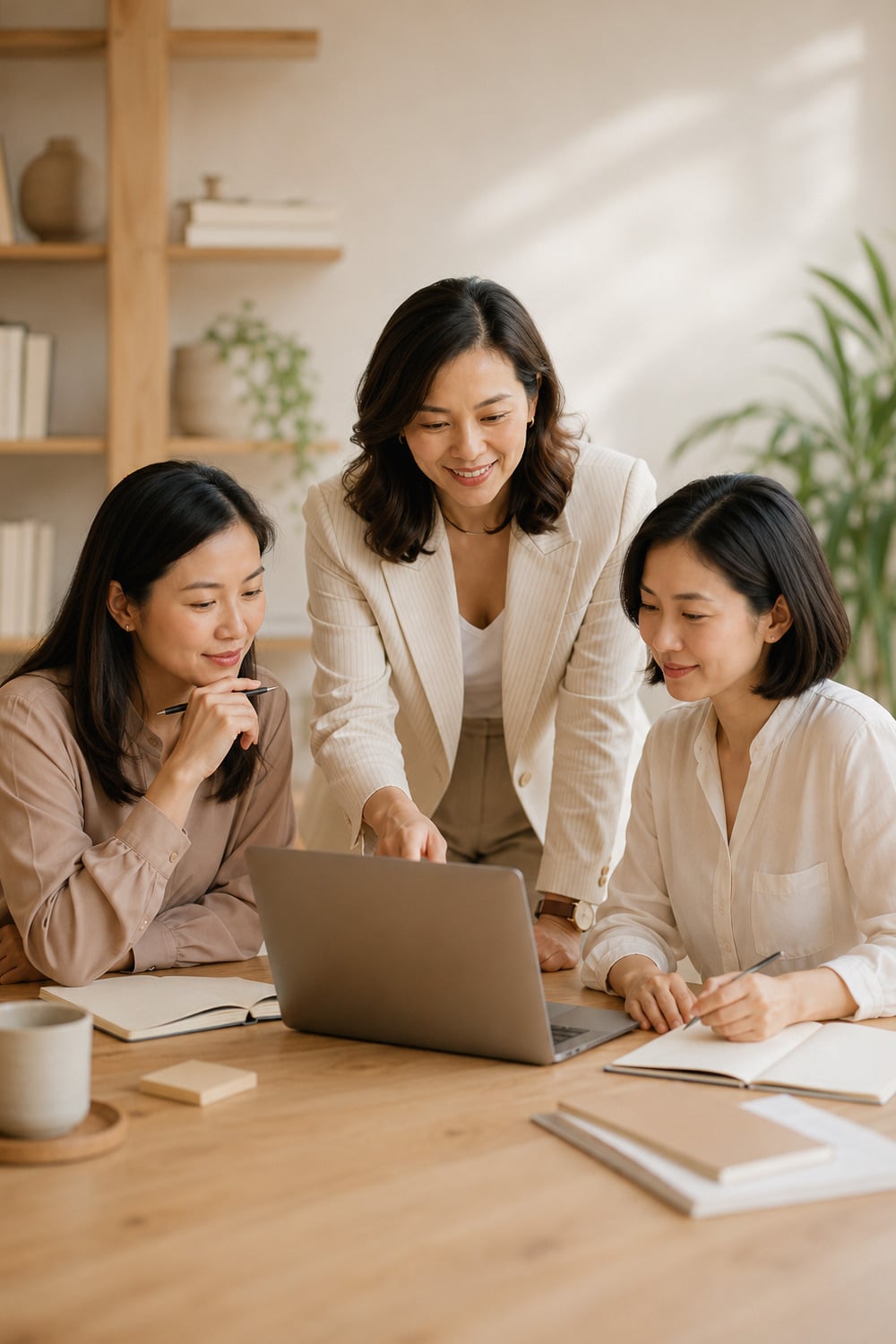 Asian Women Business Leadership shown through a calm editorial workspace with a laptop notebook tea natural light and professional neutral styling