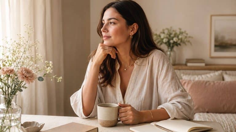 A calm editorial wellness scene showing a woman journaling in a soft feminine self-care setting with natural light and neutral tones