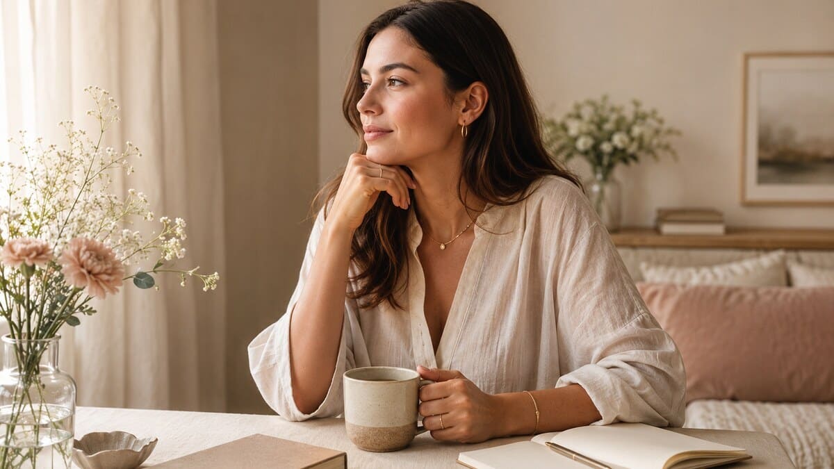 A calm editorial wellness scene showing a woman journaling in a soft feminine self-care setting with natural light and neutral tones