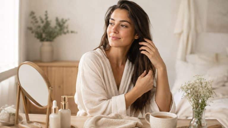 Beauty Rituals for Women shown through a calm self care scene with skincare hair brush tea soft natural light and neutral styling