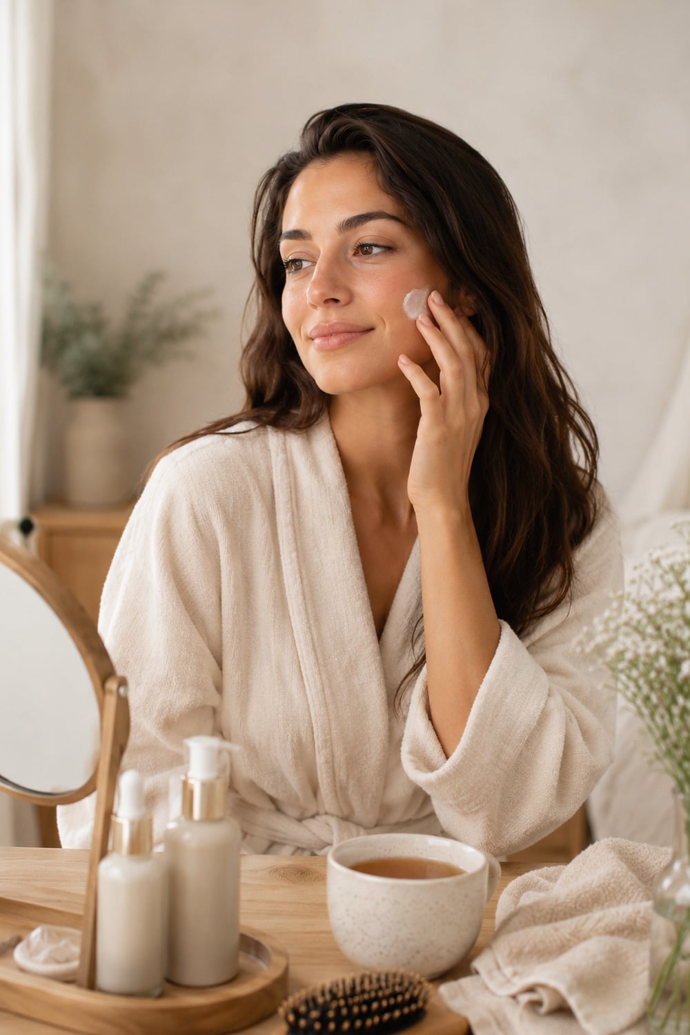 Beauty Rituals for Women shown through a calm self care scene with skincare hair brush tea soft light and neutral editorial styling