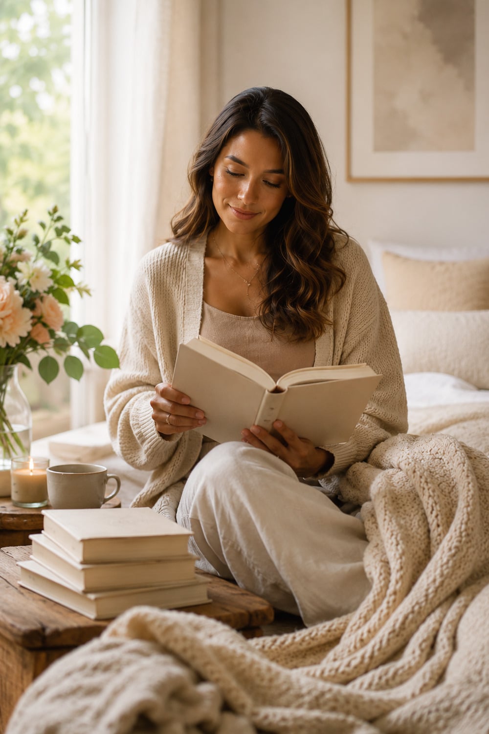Best Relationship Advice Books shown through a calm reading scene with books journal tea flowers soft light and neutral editorial styling