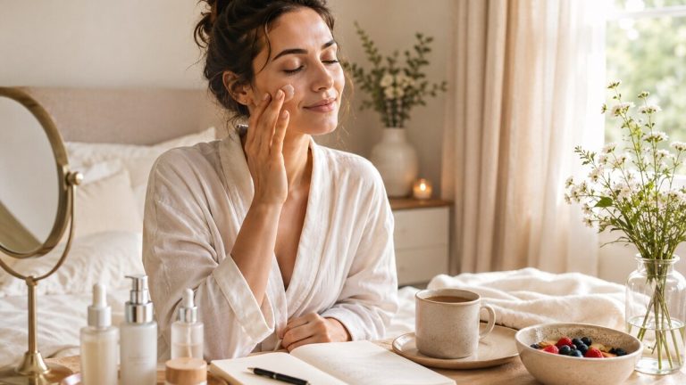 Bio Hacking for Longevity shown through a calm wellness beauty routine with skincare journal tea soft light and neutral styling