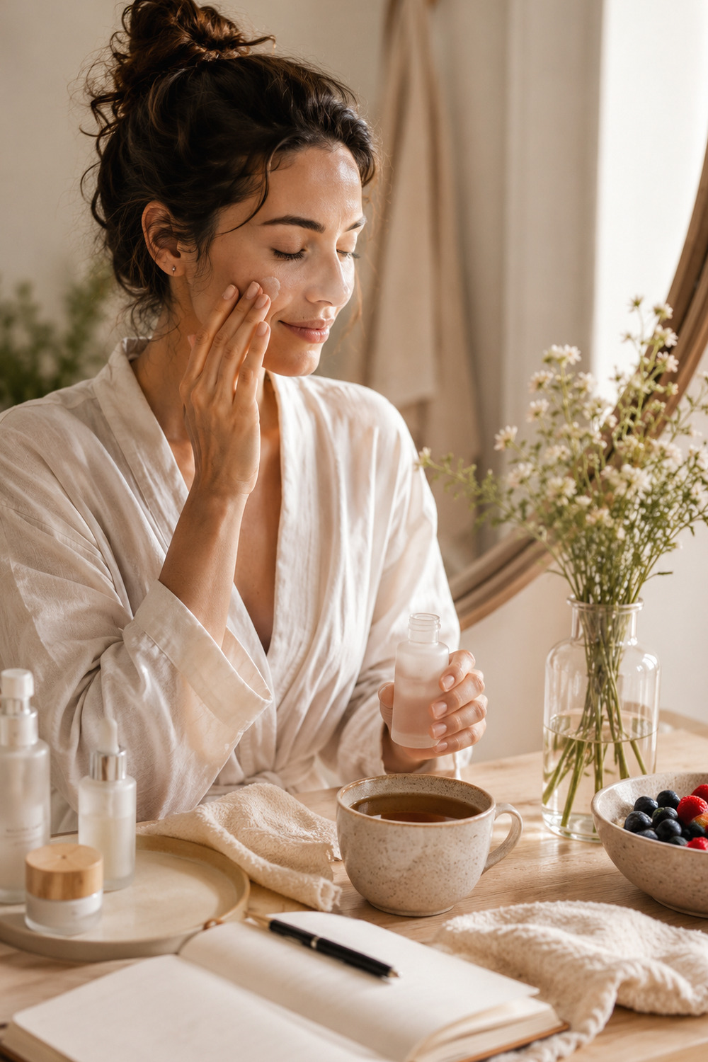 Bio Hacking for Longevity shown through a calm wellness beauty routine with skincare journal tea soft light and neutral editorial styling