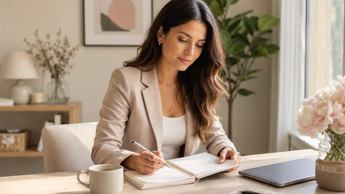 Career Strategy for Women shown through a calm professional planning scene with a notebook, laptop, coffee, and neutral editorial styling