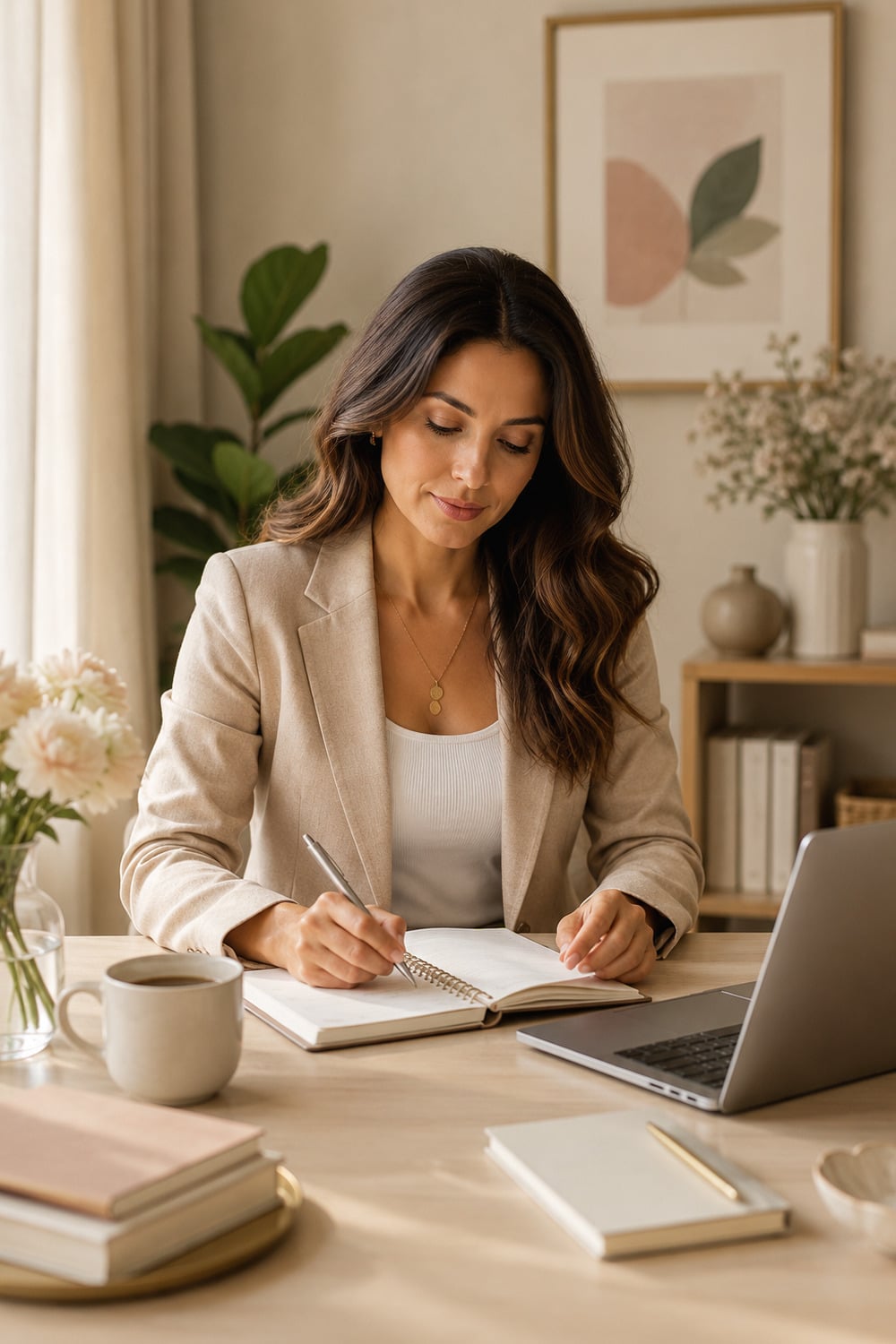 Career Strategy for Women shown through a calm professional planning scene with a notebook, laptop, coffee, and neutral editorial styling