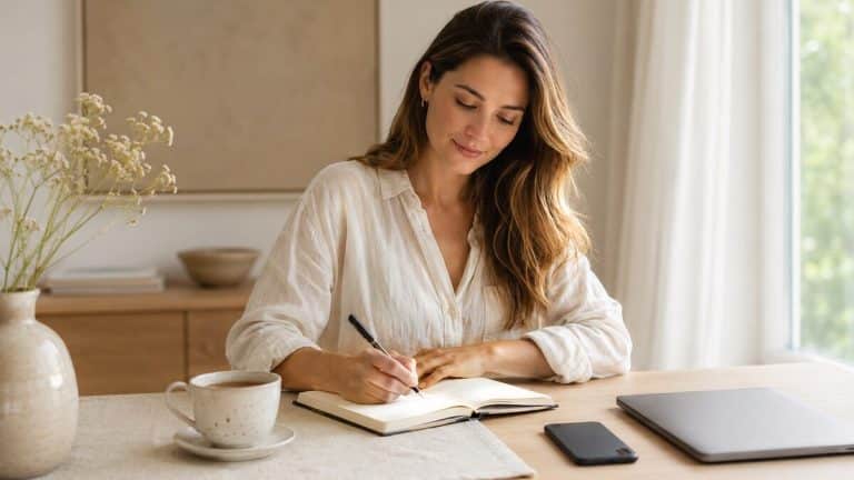 A calm editorial wellness scene with a woman journaling beside a closed laptop and a phone placed face down, representing digital detox for mental clarity