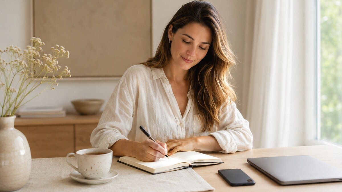 A calm editorial wellness scene with a woman journaling beside a closed laptop and a phone placed face down, representing digital detox for mental clarity