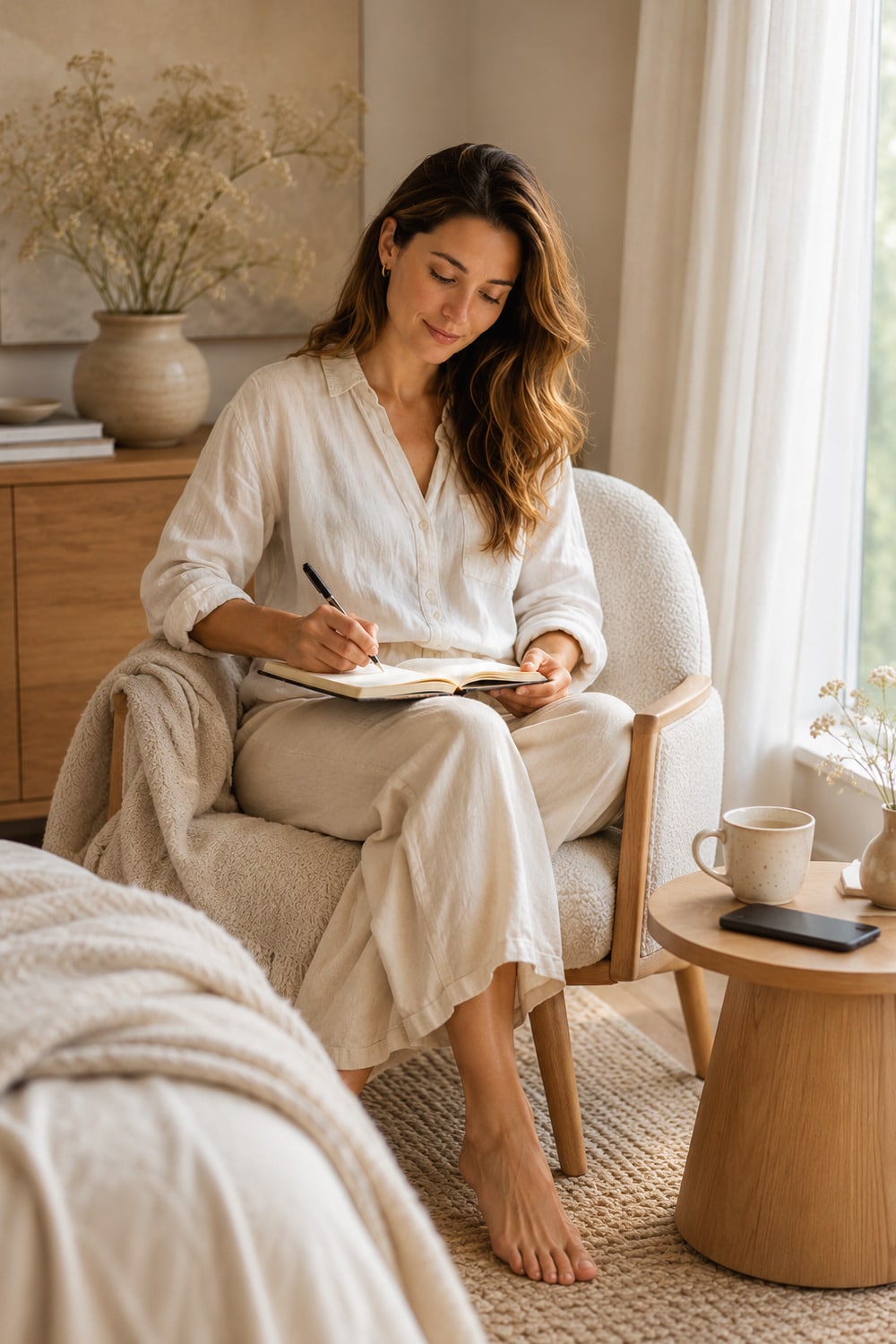 A vertical editorial wellness image showing a woman enjoying a peaceful screen-free moment with tea, journaling, and a phone placed away from her reach