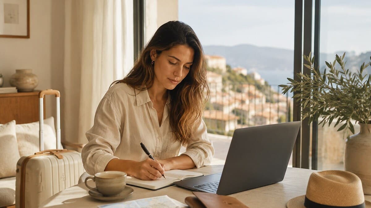 Digital Nomad CEO Women shown through a calm remote work travel scene with a laptop notebook suitcase tea and neutral styling