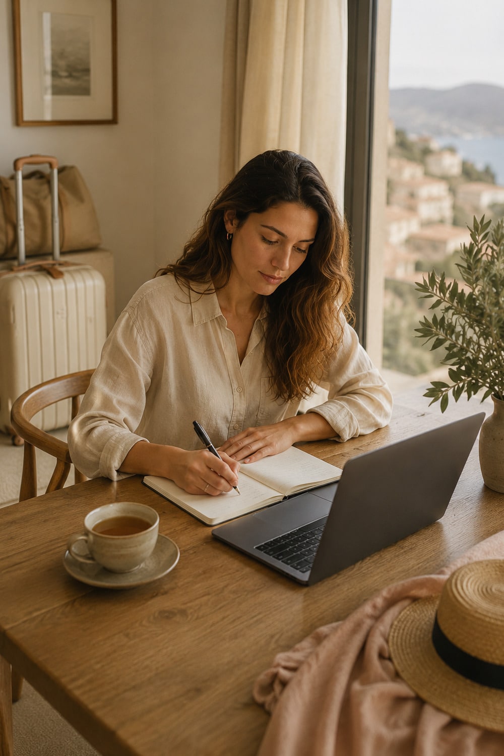 Digital Nomad CEO Women shown through a calm remote work travel scene with a laptop notebook suitcase tea and neutral editorial styling
