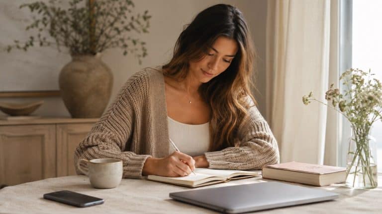 Digital Sobriety Luxury shown through a calm screen free routine with a journal tea soft natural light and neutral styling