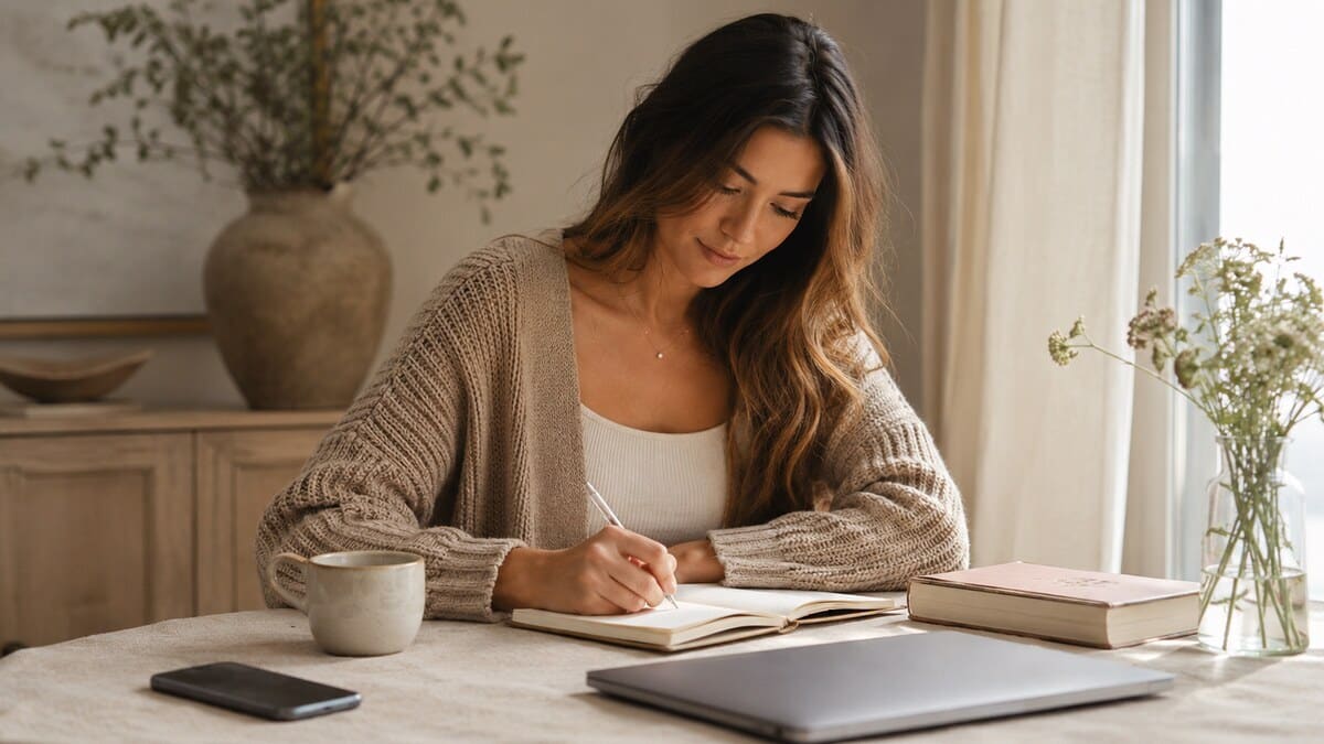 Digital Sobriety Luxury shown through a calm screen free routine with a journal tea soft natural light and neutral styling