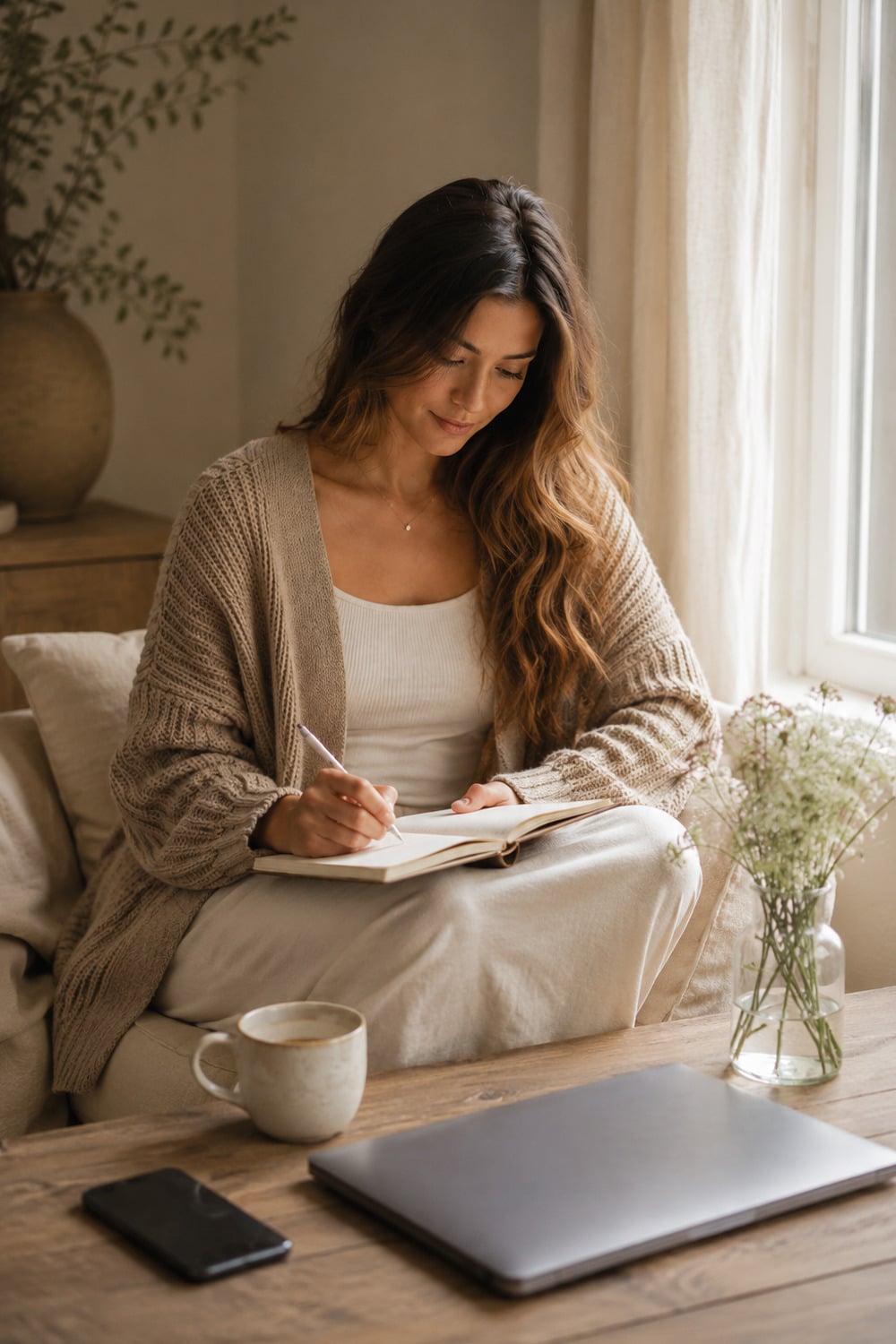 Digital Sobriety Luxury shown through a calm screen free routine with a journal tea soft natural light and neutral editorial styling