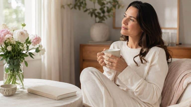 Emotional Wealth and Radiance shown through a calm journaling and self-care scene with tea, natural light, and neutral styling