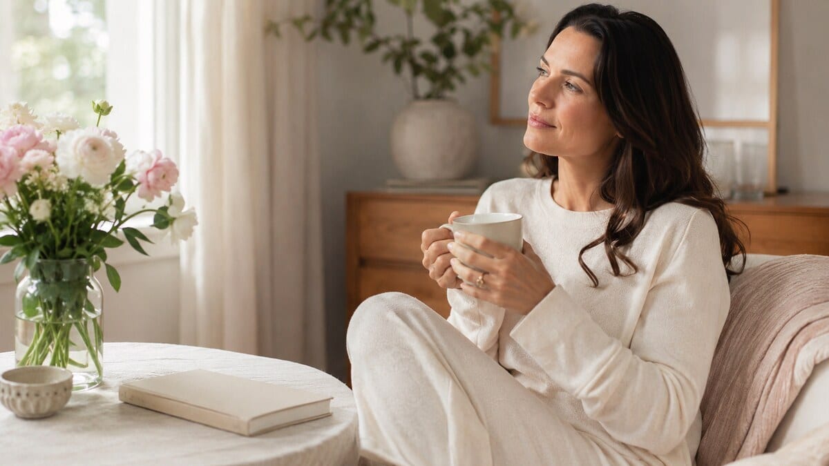 Emotional Wealth and Radiance shown through a calm journaling and self-care scene with tea, natural light, and neutral styling