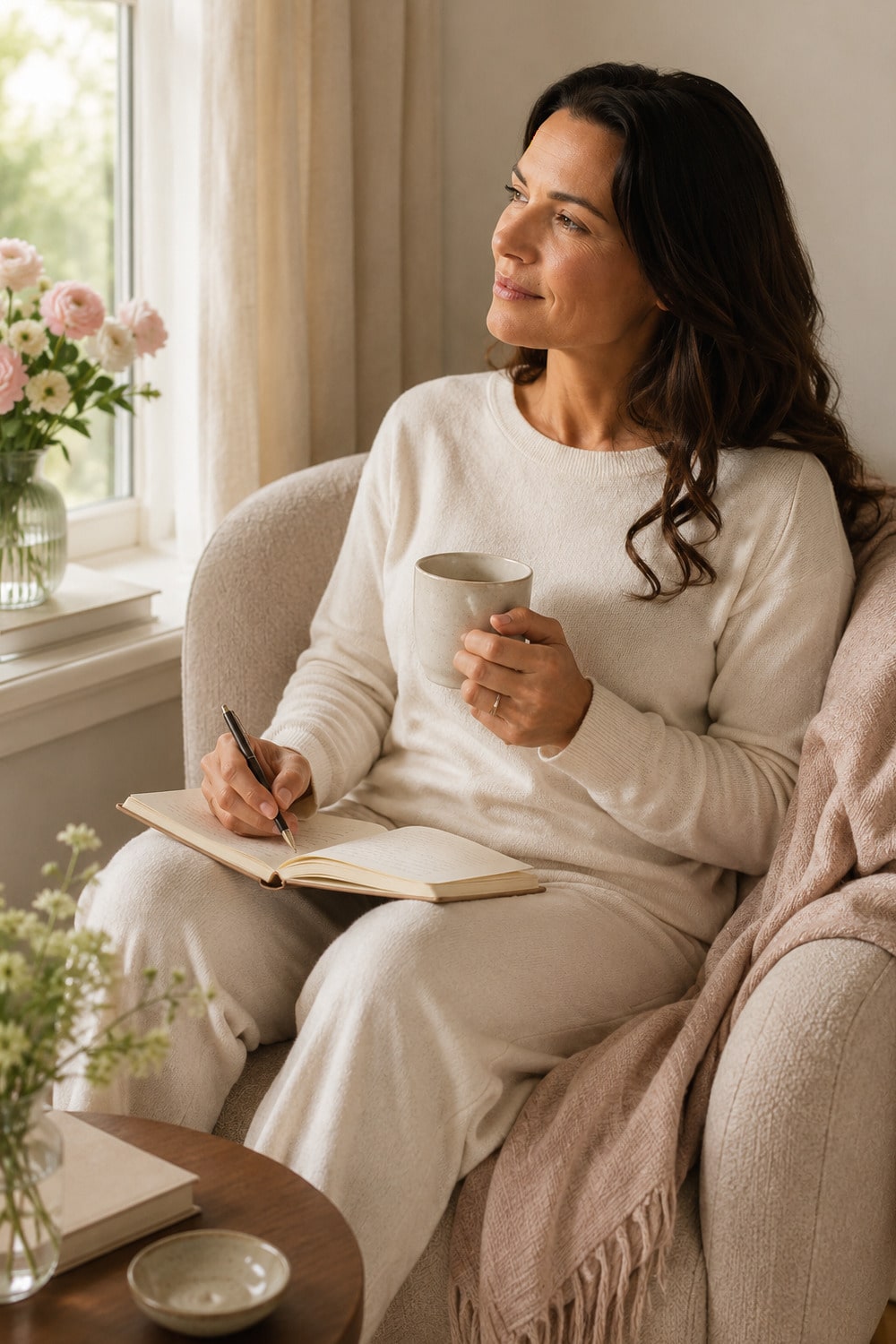 Emotional Wealth and Radiance shown through a calm journaling ritual with tea, soft natural light, and neutral editorial styling