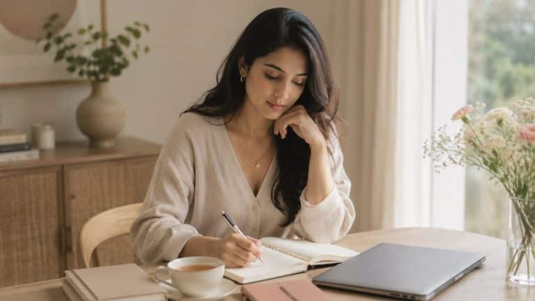 Financial Sovereignty for Women in a calm editorial lifestyle scene with budgeting notes, laptop, tea, and neutral styling