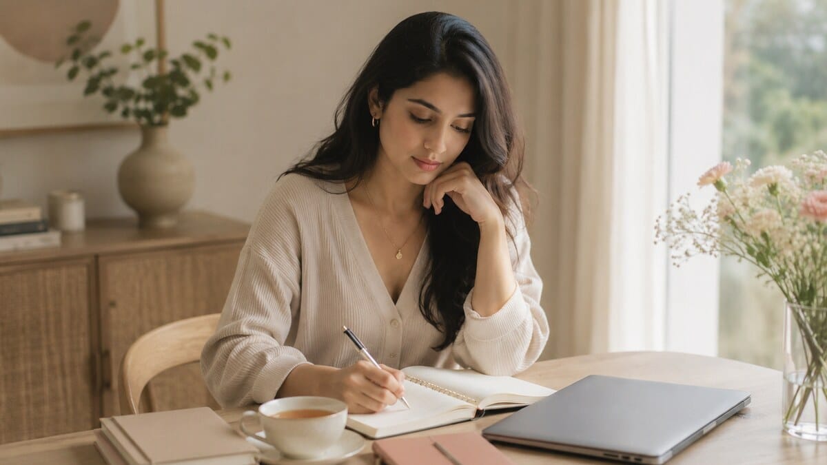 Financial Sovereignty for Women in a calm editorial lifestyle scene with budgeting notes, laptop, tea, and neutral styling