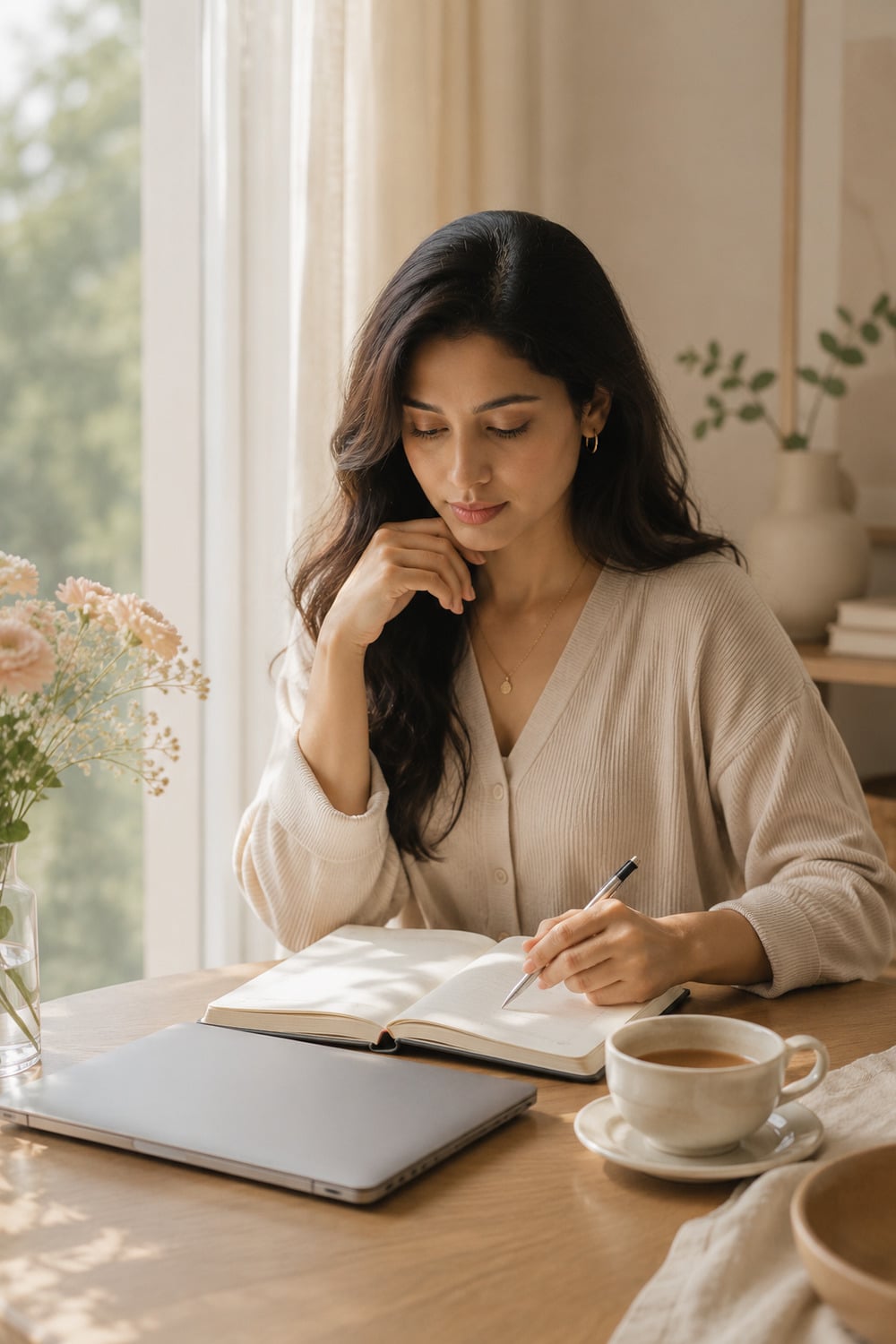 Financial Sovereignty for Women shown through a calm budgeting ritual with a notebook, laptop, tea, and neutral editorial styling
