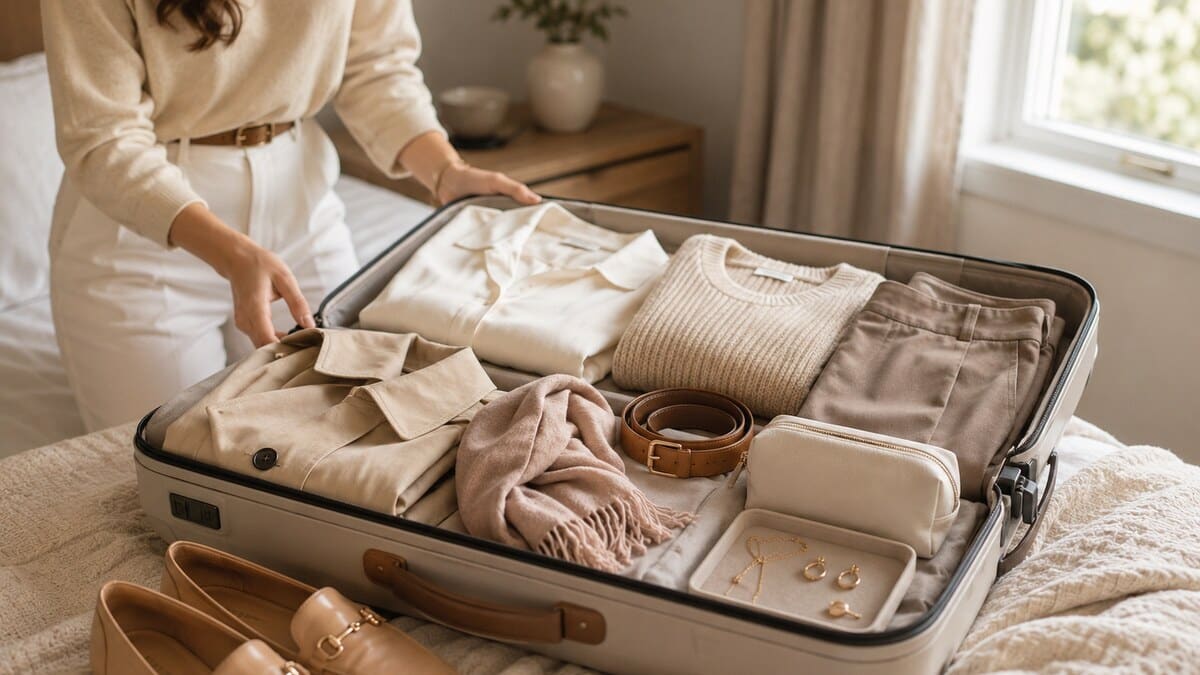 First Class Capsule Wardrobe displayed as an elegant travel packing scene with neutral clothing, a suitcase, shoes, and soft editorial styling