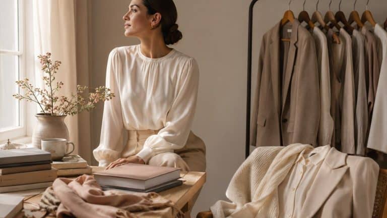Global Elegance Standards shown through a calm editorial scene with timeless wardrobe pieces travel books flowers and neutral styling