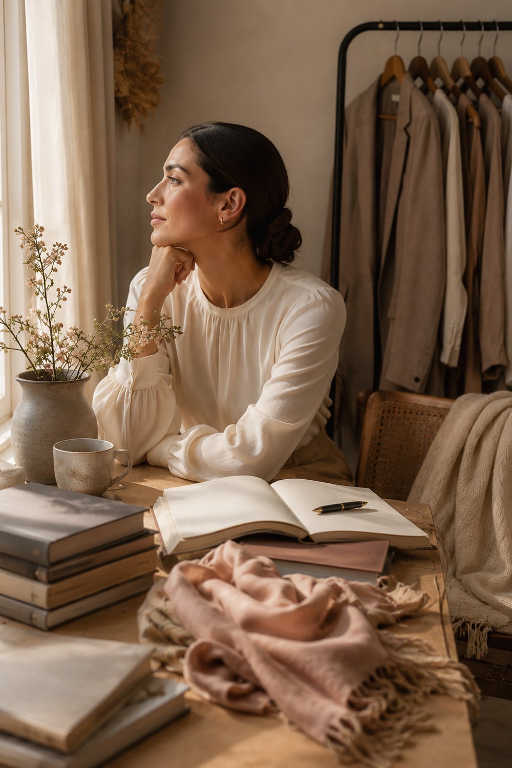 Global Elegance Standards shown through a calm editorial scene with timeless wardrobe pieces travel books flowers and neutral styling