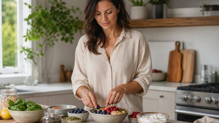 A calm editorial kitchen scene with a woman preparing fiber-rich foods and fermented ingredients, representing gut health for skin glow