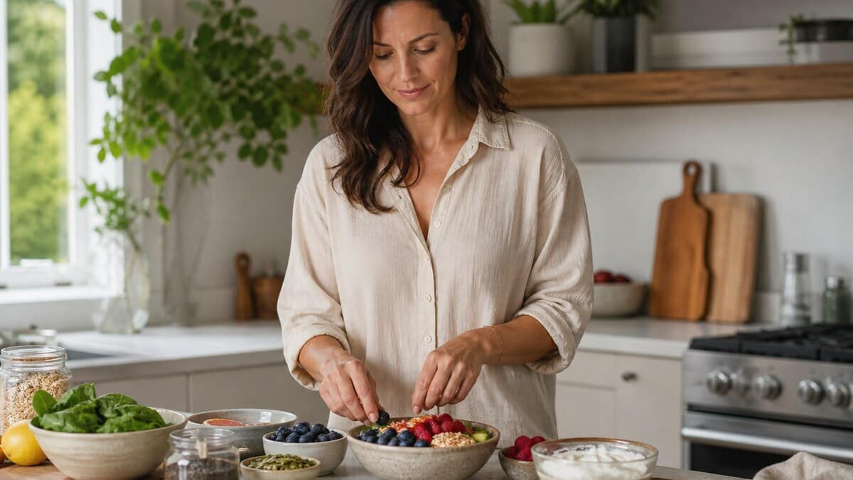 A calm editorial kitchen scene with a woman preparing fiber-rich foods and fermented ingredients, representing gut health for skin glow