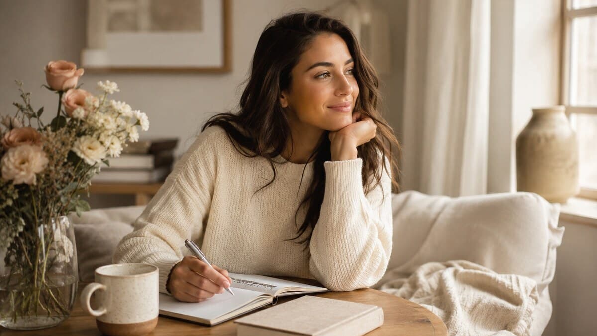 How to Attract a Man shown through a calm confident woman journaling with flowers tea soft light and neutral styling