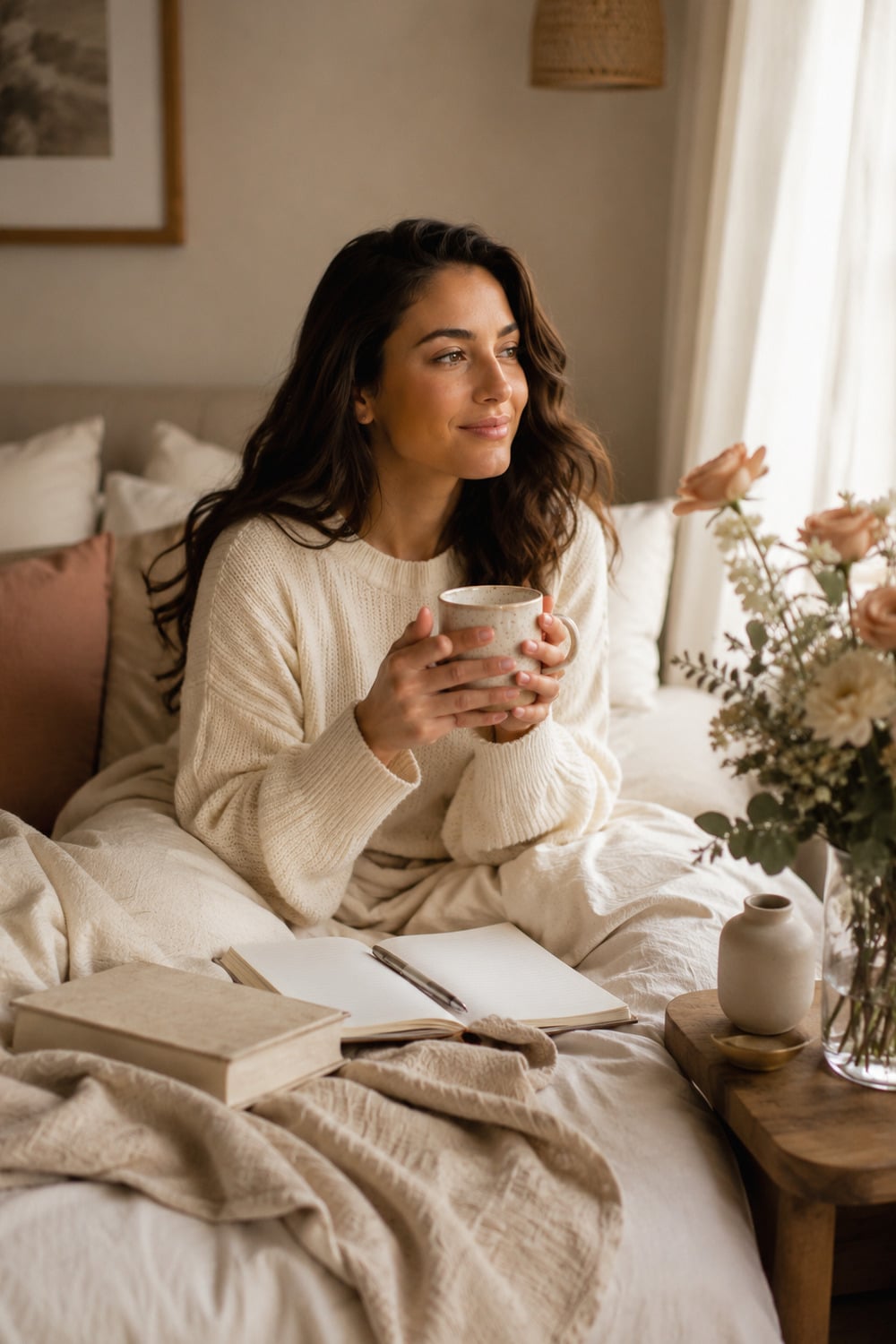 How to Attract a Man shown through a calm confident woman journaling with flowers tea soft light and neutral editorial styling
