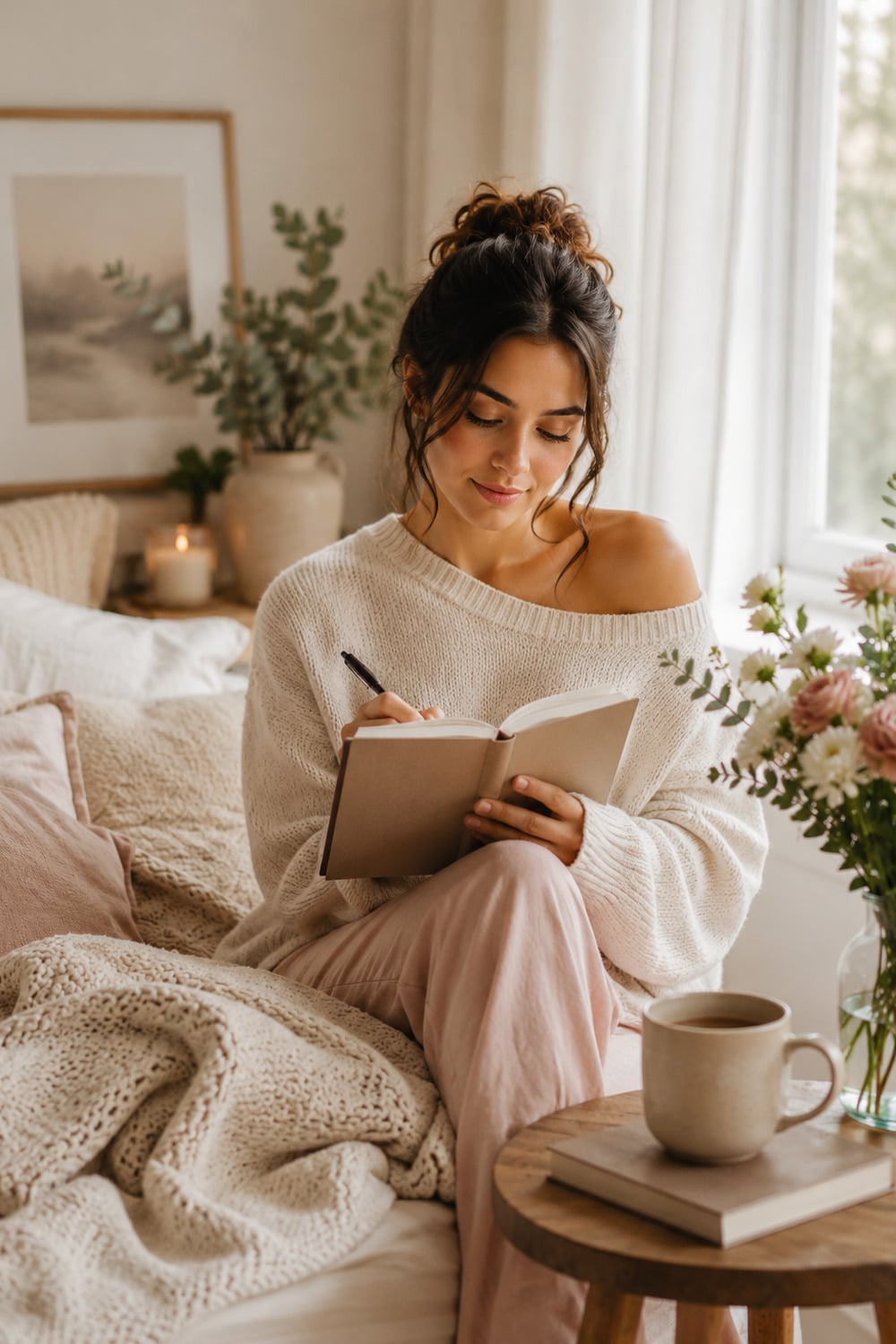 How To Get Over A Breakup shown through a calm healing scene with a journal tea flowers soft light and neutral editorial styling
