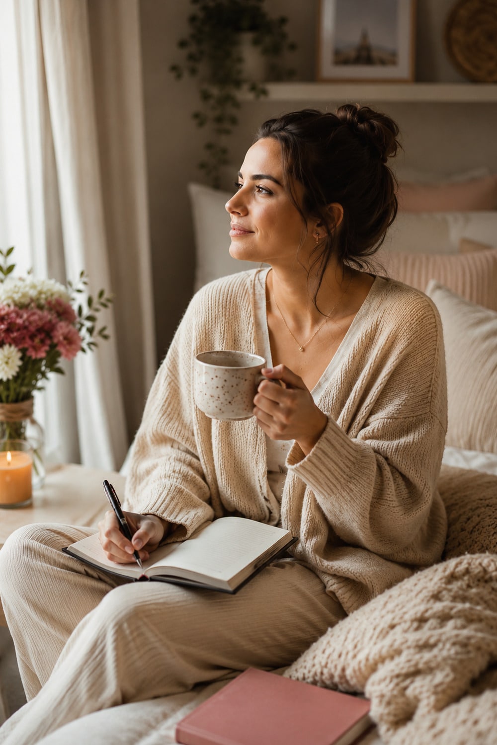 How to Know If He Loves You shown through a calm relationship reflection scene with a journal flowers tea soft light and neutral editorial styling