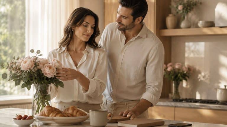 How To Know If He Truly Loves You shown through a sunlit morning kitchen scene where a supportive man looks with deep appreciation at his secure partner