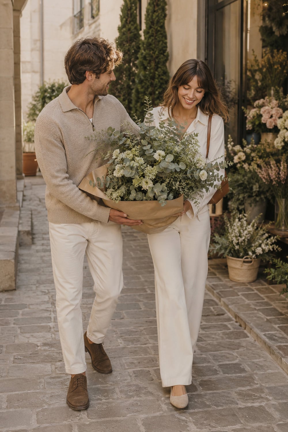 How To Know If He Truly Loves You captured in a sunlit courtyard with an elegant couple walking side-by-side carrying fresh flowers with effortless trust