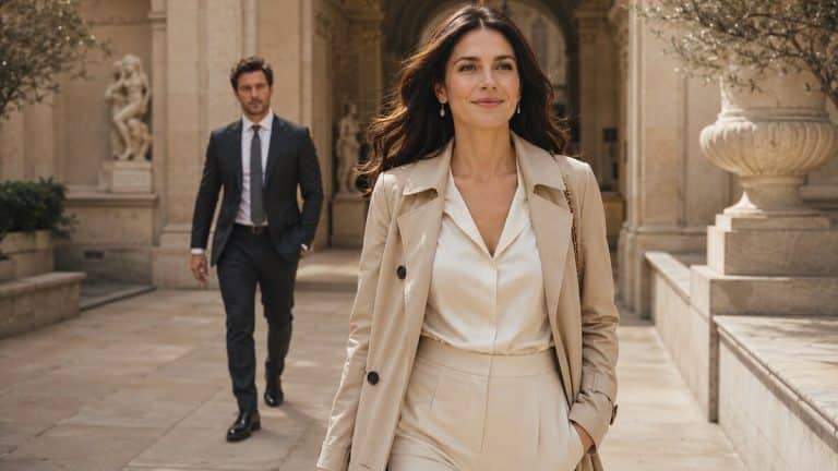 How To Make Him Chase You shown through a sunlit courtyard scene where an elegant woman walks forward confidently as a captivated man actively steps toward her
