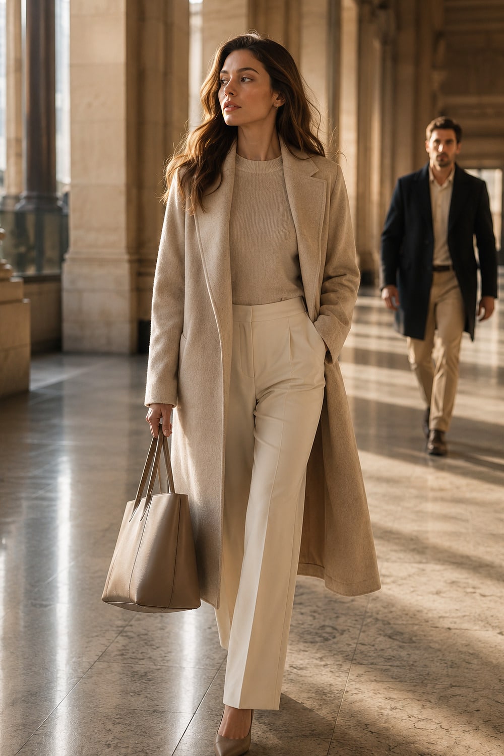 How To Make Him Chase You captured in an architectural terminal with an independent woman moving forward while a handsome man eagerly steps in her direction to catch up