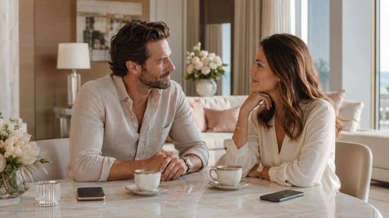 How To Make Him Miss You After A Fight captured in a premium lounge with an emotionally mature couple engaged in respectful post-conflict conversation, the man showing clear signs of missing her connection