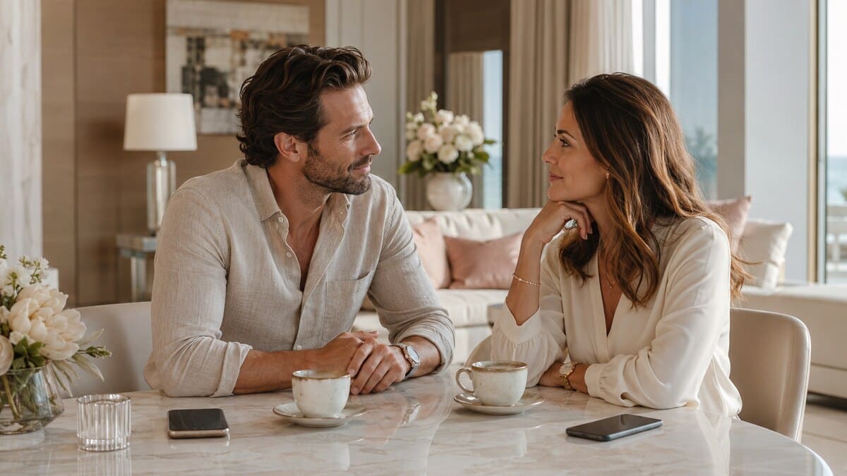 How To Make Him Miss You After A Fight captured in a premium lounge with an emotionally mature couple engaged in respectful post-conflict conversation, the man showing clear signs of missing her connection
