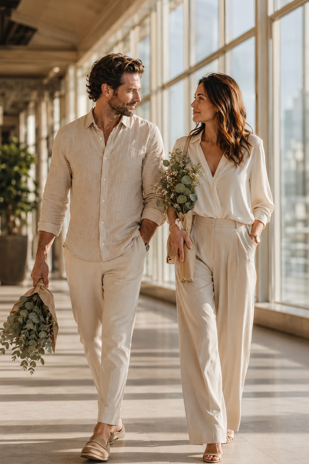 How To Make Him Miss You After A Fight captured in a sunlit terminal passage where a grounded couple walks side-by-side, the well-dressed man looking back with longing at the purposeful woman