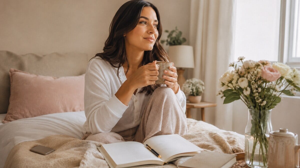 How To Make Him Miss You Fast shown through a calm confident woman journaling with tea flowers soft light and neutral styling
