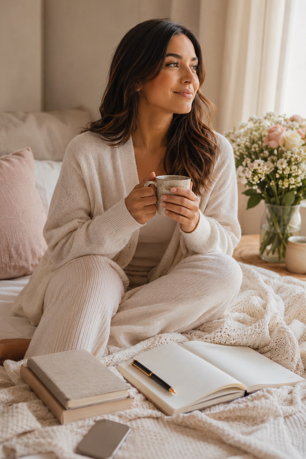 How To Make Him Miss You Fast shown through a calm confident woman journaling with tea flowers soft light and neutral editorial styling