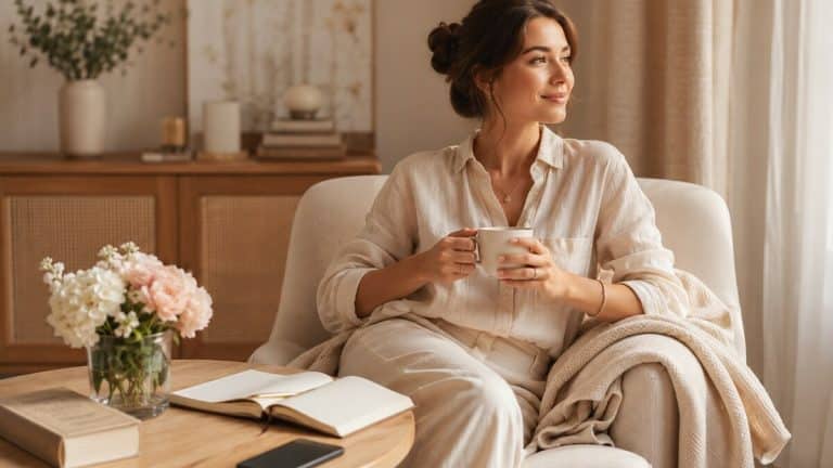 How to Make Him Miss You shown through a calm confident woman journaling with flowers tea soft light and neutral styling