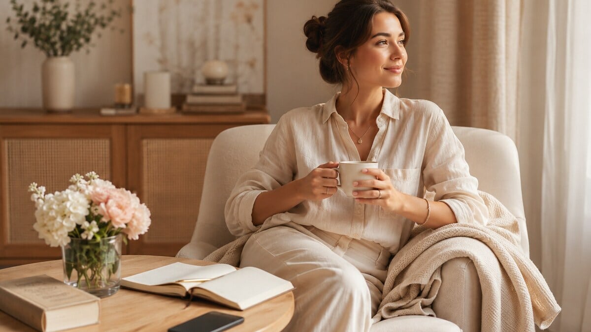 How to Make Him Miss You shown through a calm confident woman journaling with flowers tea soft light and neutral styling