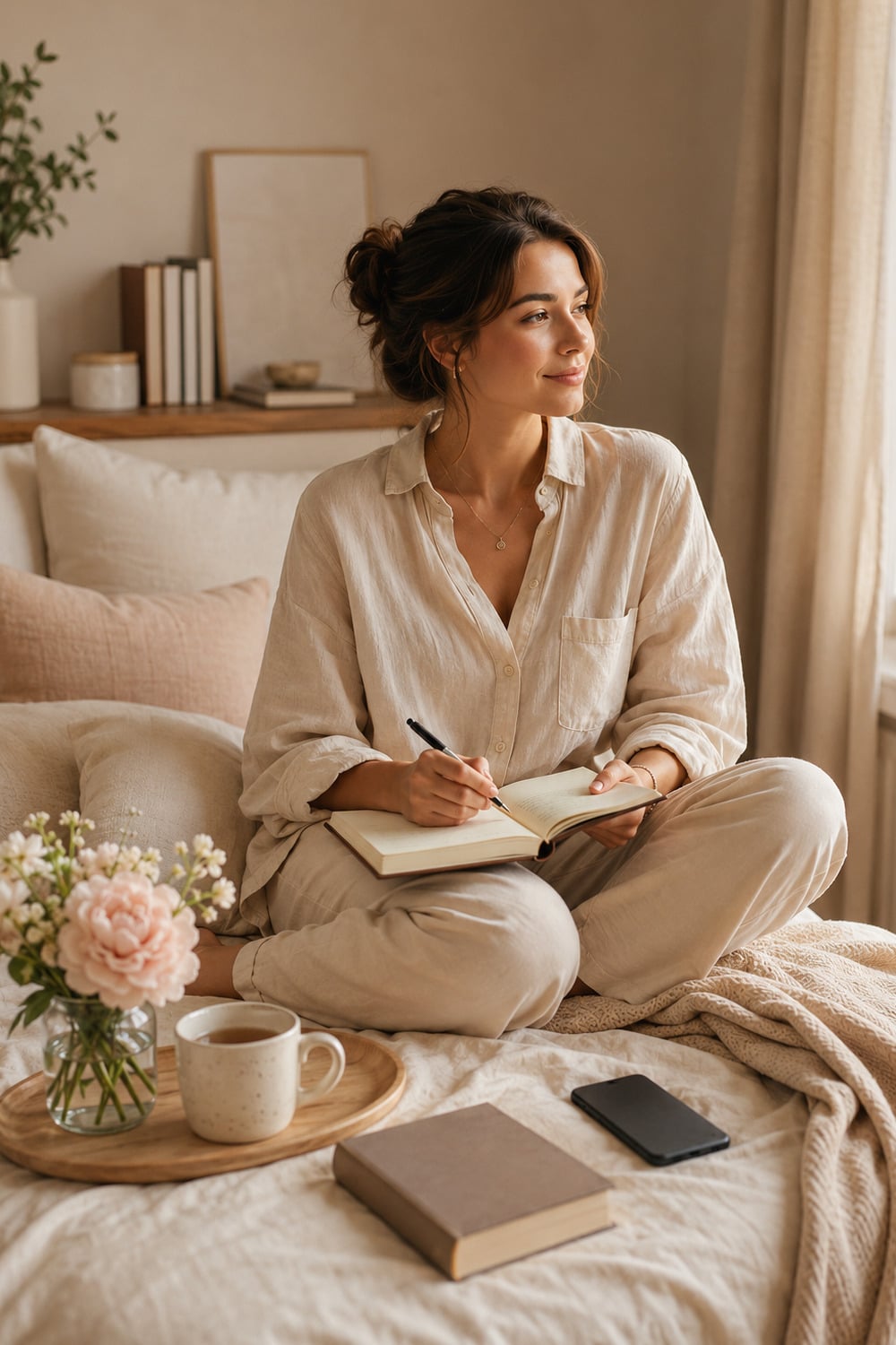 How to Make Him Miss You shown through a calm confident woman journaling with flowers tea soft light and neutral editorial styling