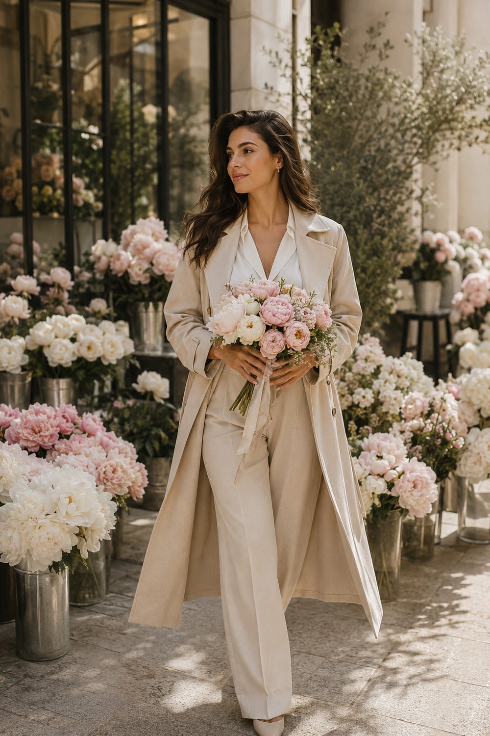 How To Make Him Regret Losing You captured in a premium flower market atelier with a composed, emotionally renewed woman holding a bouquet among blush peonies