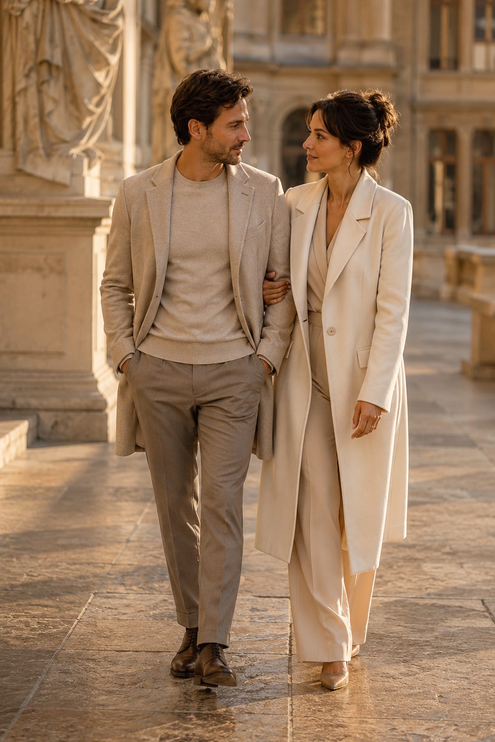 How To Tell If He Is Serious About You captured in a sophisticated city courtyard with an aligned couple walking side-by-side with purposeful shared direction and trust